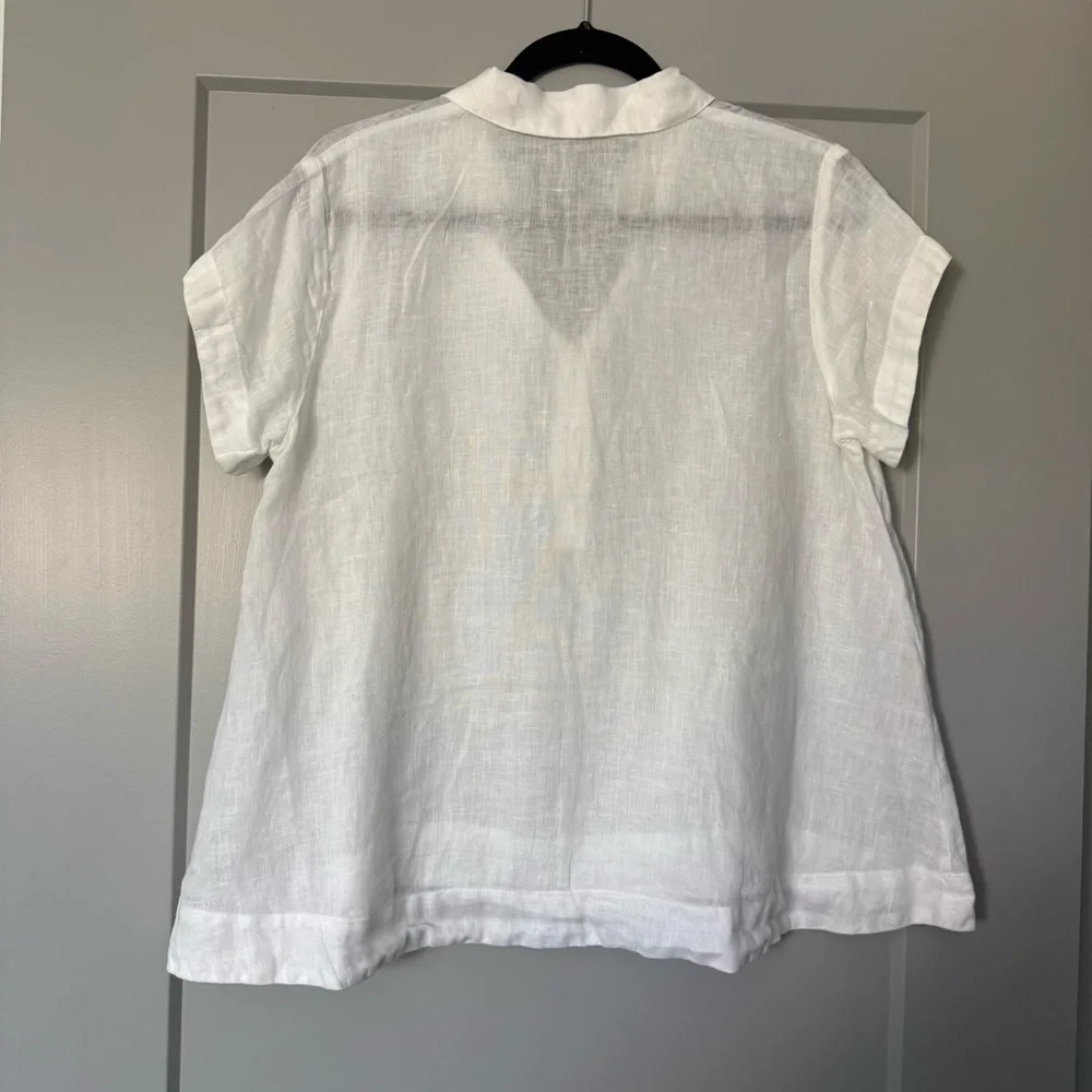 CP Shades Peek Top Blouse 100% Linen White Relaxed Button Collar Summer S - Picture 3 of 10
